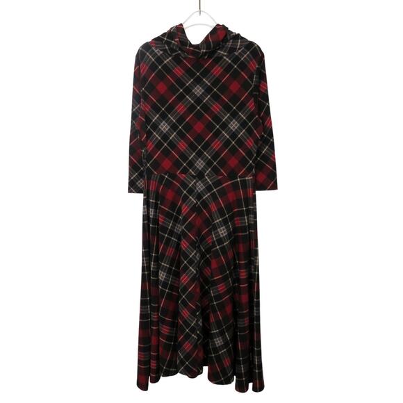 Lbisse Vintage Black & Red Tartan Plaid Turtle Neck A-Line Maxi Dress Large - Picture 4 of 6